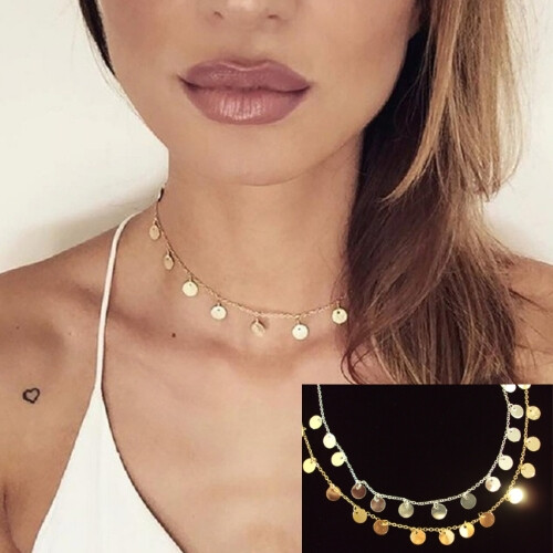Coin Drop Choker Necklace Dangle Discs 