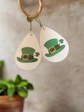 St Patrick's Day shamrock Hat earrings; Faux Leather teardrop earrings