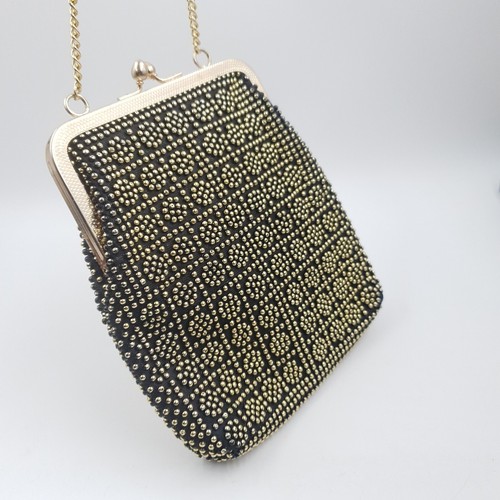 Bolso de Noche Vintage Negro Dorado Hecho en Hong Kong C 1960s 1970s Cartera con Cuentas - Imagen 2 de 11