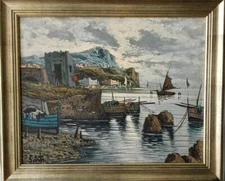 Signed Sarti Oil on Canvas View of a Harbor, 20" x 23".