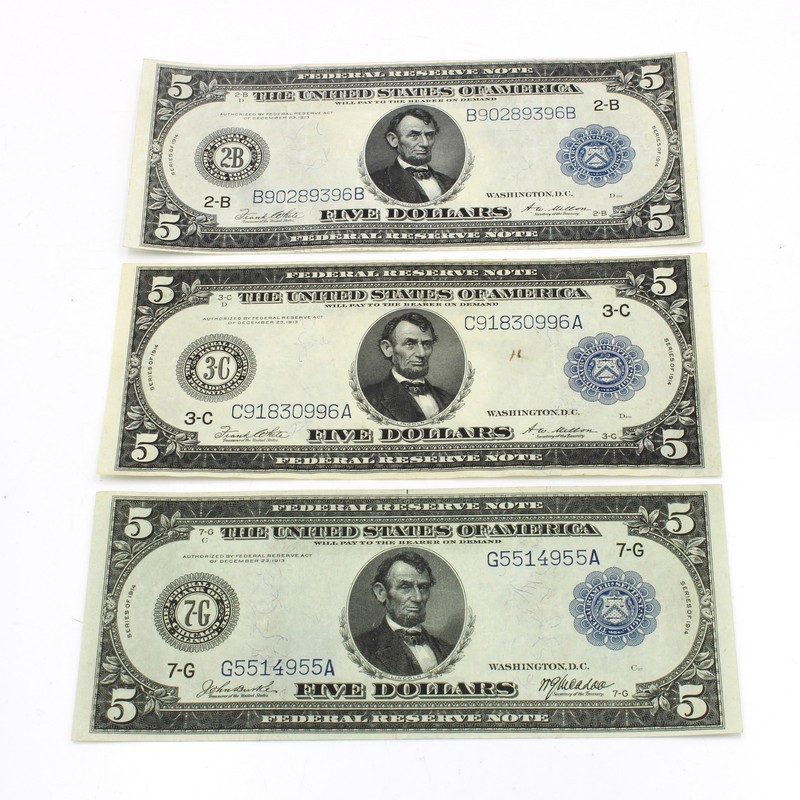 1914 Series $5 United States Federal Reserve Large Size Notes Lot of 3 #C925-4
