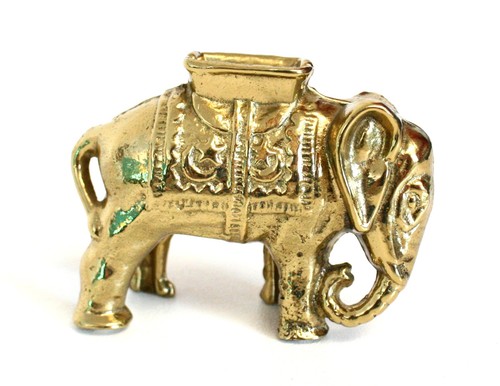 Vintage Brass Elephant Shaped Coin Bank with Ornate Saddle with Moons & Stars