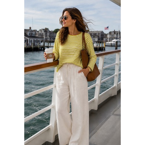 Eileen Fisher 100% Merino Wool Striped Sweater L Chartreuse Ivory Coastal Luxury