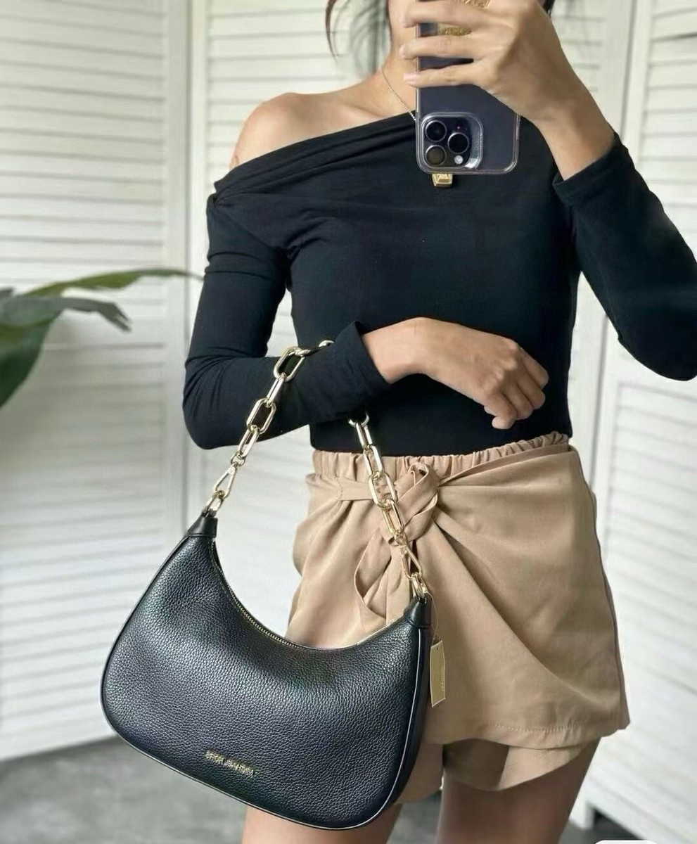 MICHAEL KORS CORA Lg Zip Pouchette Black Gold Chain Pebbled