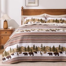 Cabin Quilt Queen Set, Lightweight Reversible Rustic Bear Bedspread