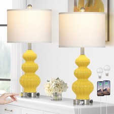 Triple Gourd Ceramic Table Lamps Set of 2, Modern Yellow Bedside Lamps with U...
