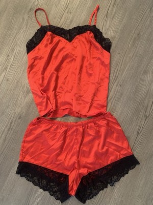 Joy Spun Womens Pajama Short Camisole Set Size S 4-6 Red Satin -Black Lace