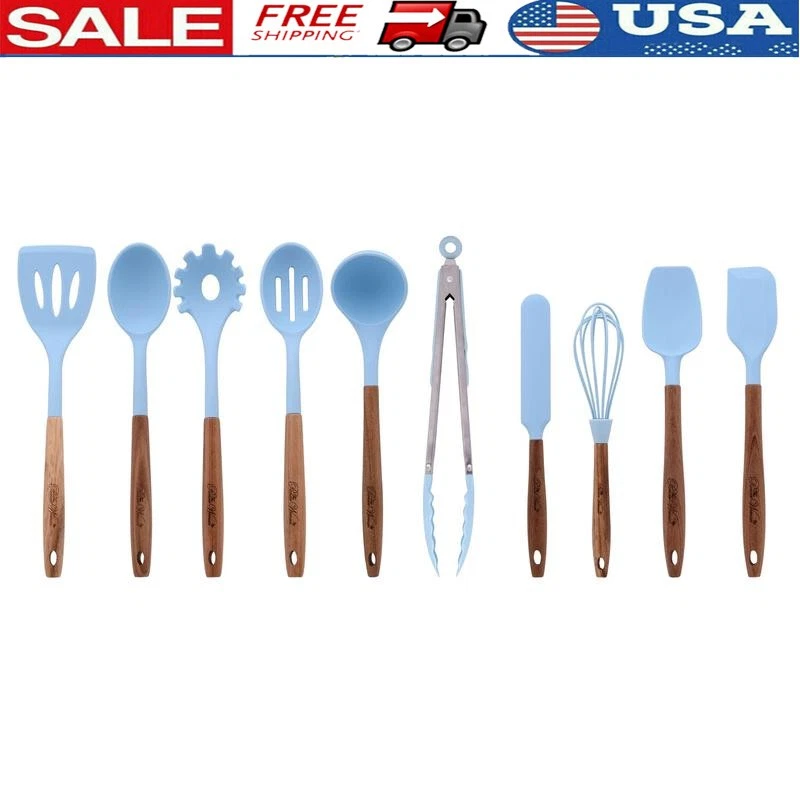 10Pcs Silicone Acacia Wood Kitchen Utensils Set Heat Resistant Cooking Tools New