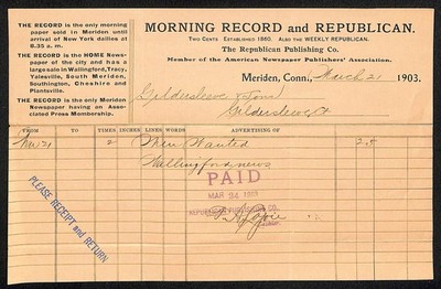 1903 Morning Record and Republican Meriden, CT Billhead Gildersleeve* Scarce