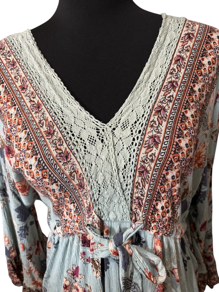 Romántico Gitano Para Mujer XL Boho Floral Túnica Mangas Campana Crochet Encaje Corbata Cintura  Foto 2 de 4