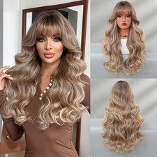 Long Blonde Highlight Wig with Bangs Heat-Resistant Natural Scalp Synthetic wig