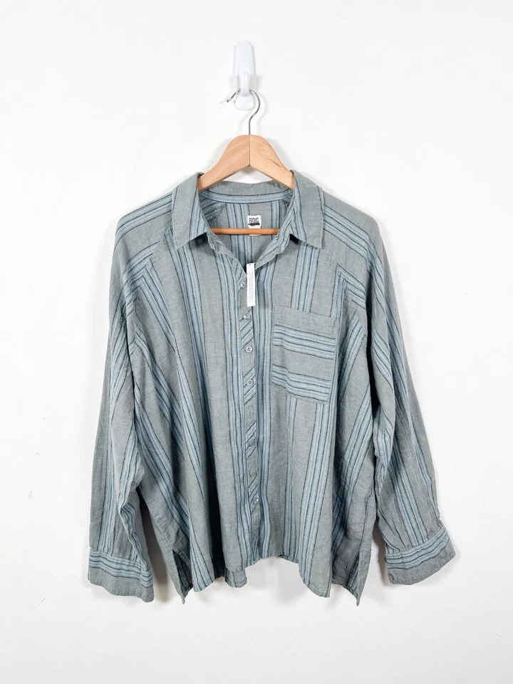 Camisa Urban Outfitters BDG M Rayas Algodón Lino Top Grande Cuadrada Abotonada Foto 2 de 4