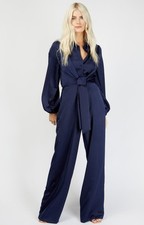 Little Mistress Womens Blue Satin Jumpsuit Wrap Style Wide Leg Tie Waist RRP  75