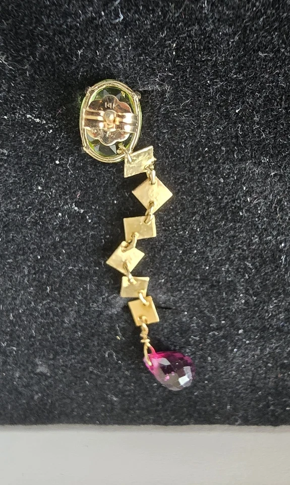 14K Yellow solid Gold  Earring in 2CT peridot and Garnet dangle TW 1.84Gms - image 2 of 4