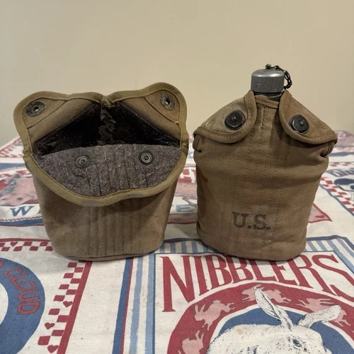 US Military Army 1941 Metal Water Canteen Cup w/ 2 Canvas Pouch WW2 WWII