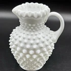 Vintage Fenton Milk Glass Hobnail Pitcher Ruffle Rim 5.75-in H Creamer MCM 1960s