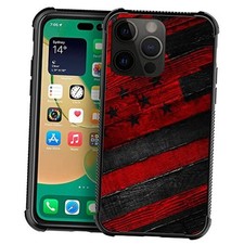 DJSOK Compatible with Case Design iPhone 14 Black red wood grain American flag