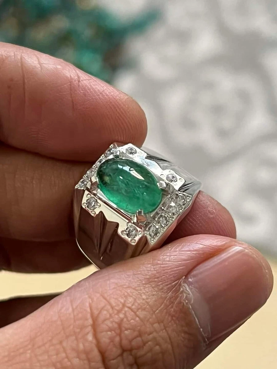 Natural Emerald Gemstone Solid 18k White Gold Ring For Men s 595