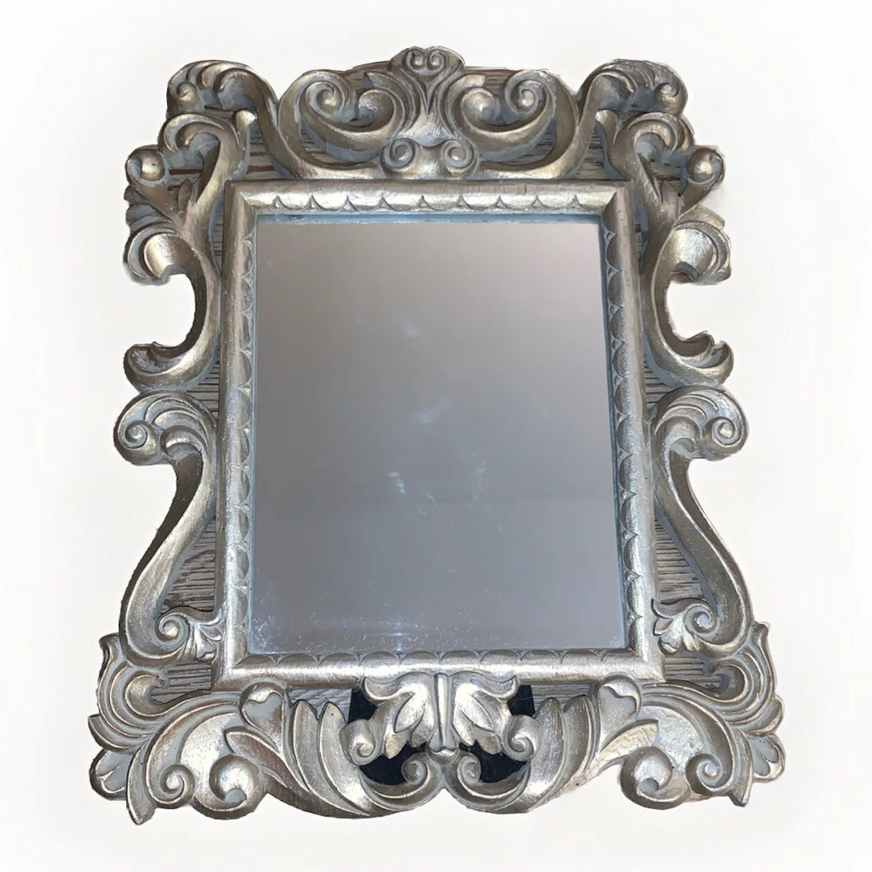 Vtg Carved Wooden Silver Leaf  Easel Dresser Table Mirror Photo Frame 16.5” Tall - Image 2 of 4