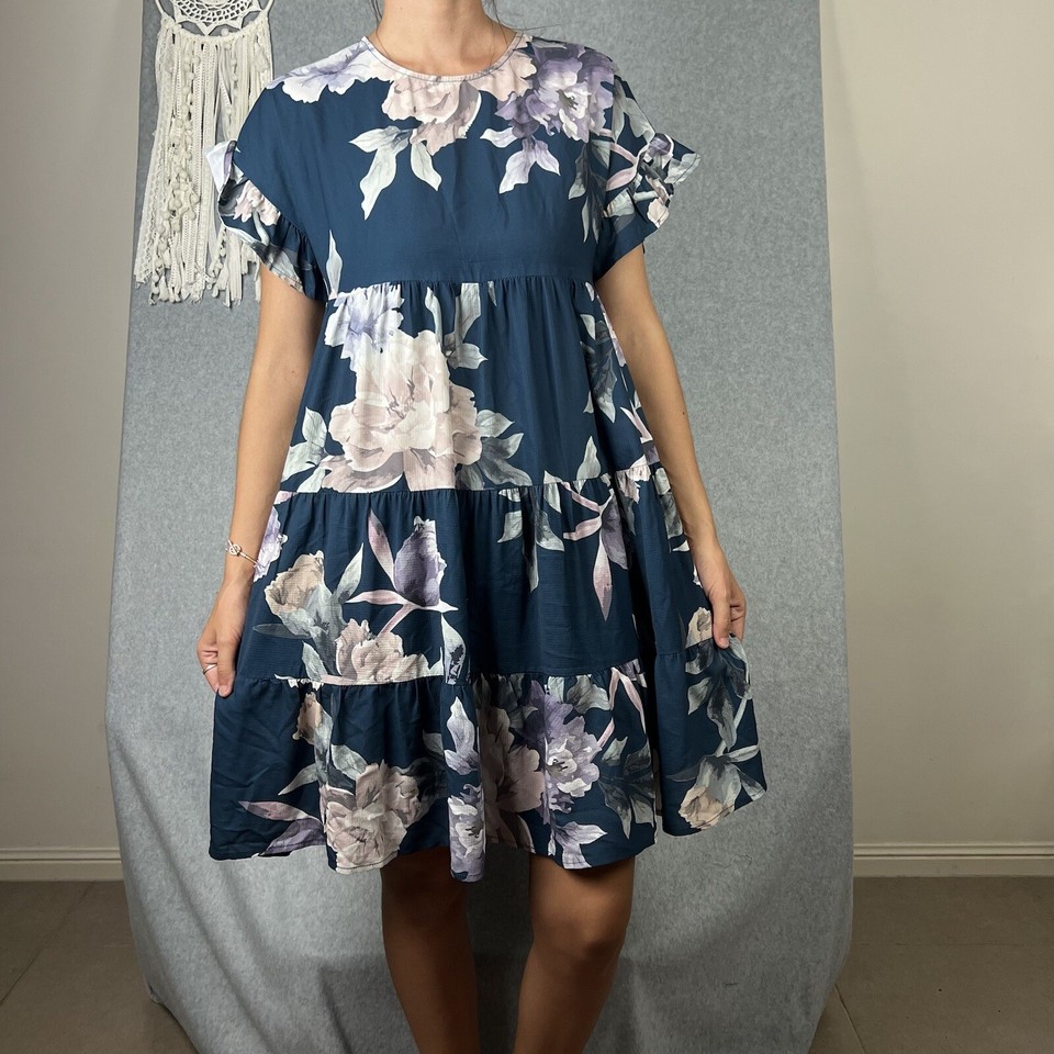 St Frock Mini Dress S 8 Relaxed Fit Blue Floral Baby Doll Tiered Boho Holiday