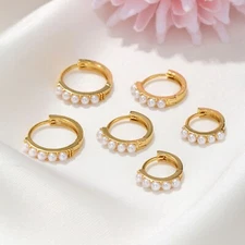 3 Sizes Woman Man 18K Gold Plated Simulated Pearl Hoop Huggie Earring Clip