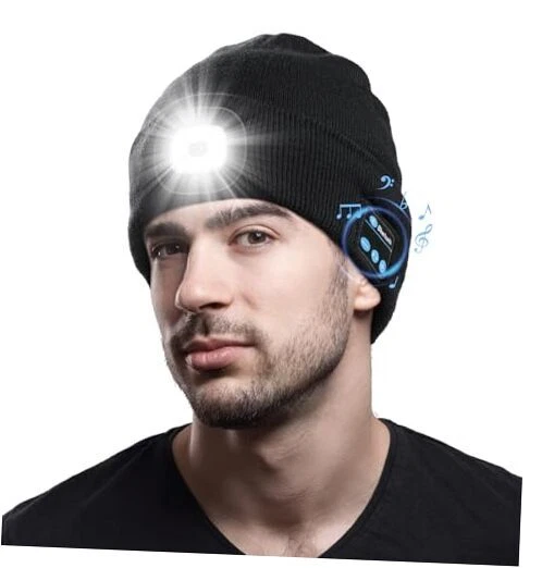Bluetooth Beanie with The Light, Unique Tech Gifts for Men Husband Him Black