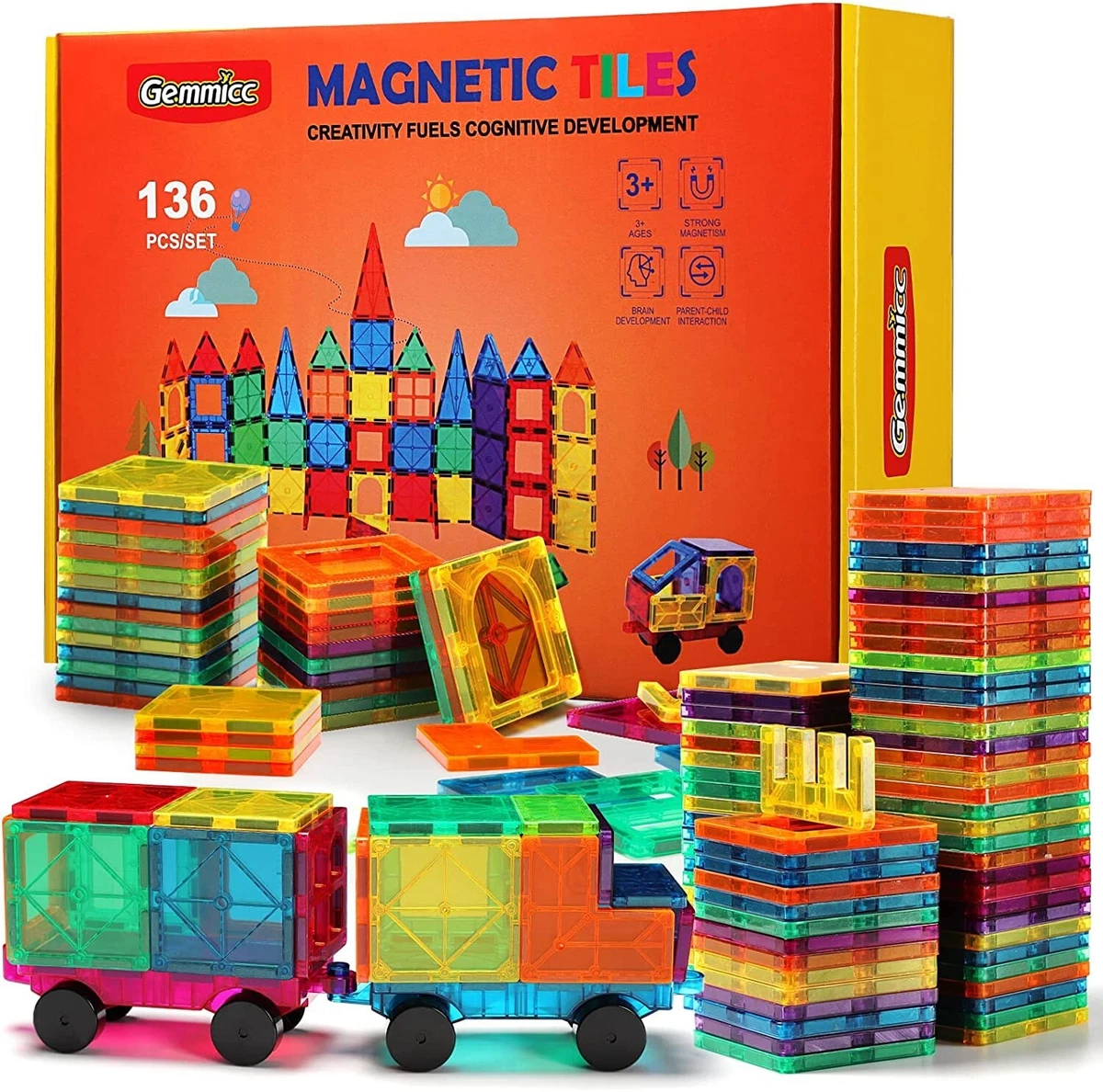 Gemmicc Magnetic Tiles, Deluxe 136 PCS Building Blocks Magnet Toys for  Kids,3D M