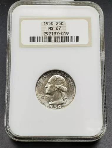1950 P Washington Silver Quarter Coin NGC MS67 OFH Old Fat Holder PQ Coin