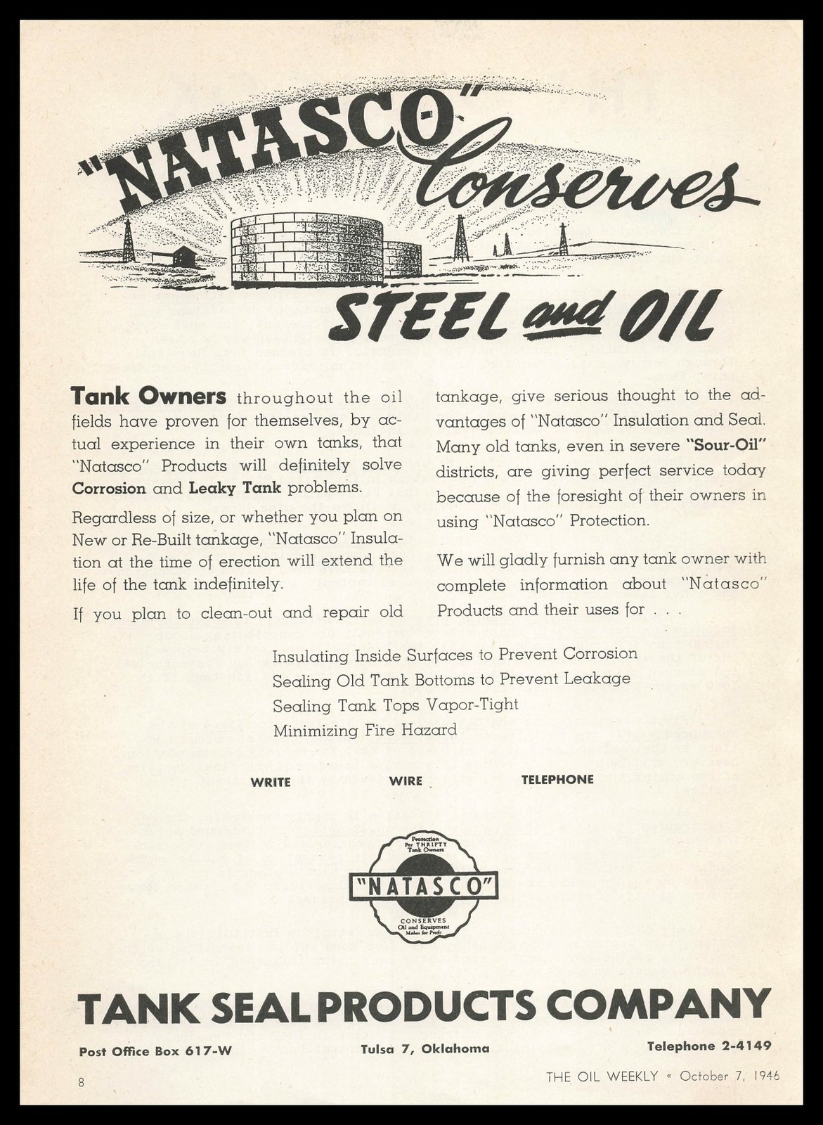 1946 Natasco Tank Seal Products Company Tulsa Oklahoma Oil Gas Vintage  Print Ad | Ebay