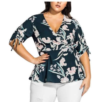City Chic Womens Plus S 16 Green Fresh Fields Wrap Blouse Top NWT BG56