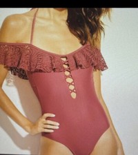 Xhilaration Off The Shoulder Crochet One Piece Swim Suit-Clay M