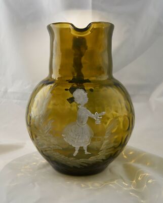 Mary Gregory Girl With Basket Amber Dot Optic Pitcher