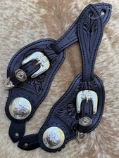 Adult Size Top Grain Black Leather Engraved Silver Western Pair Spur Straps
