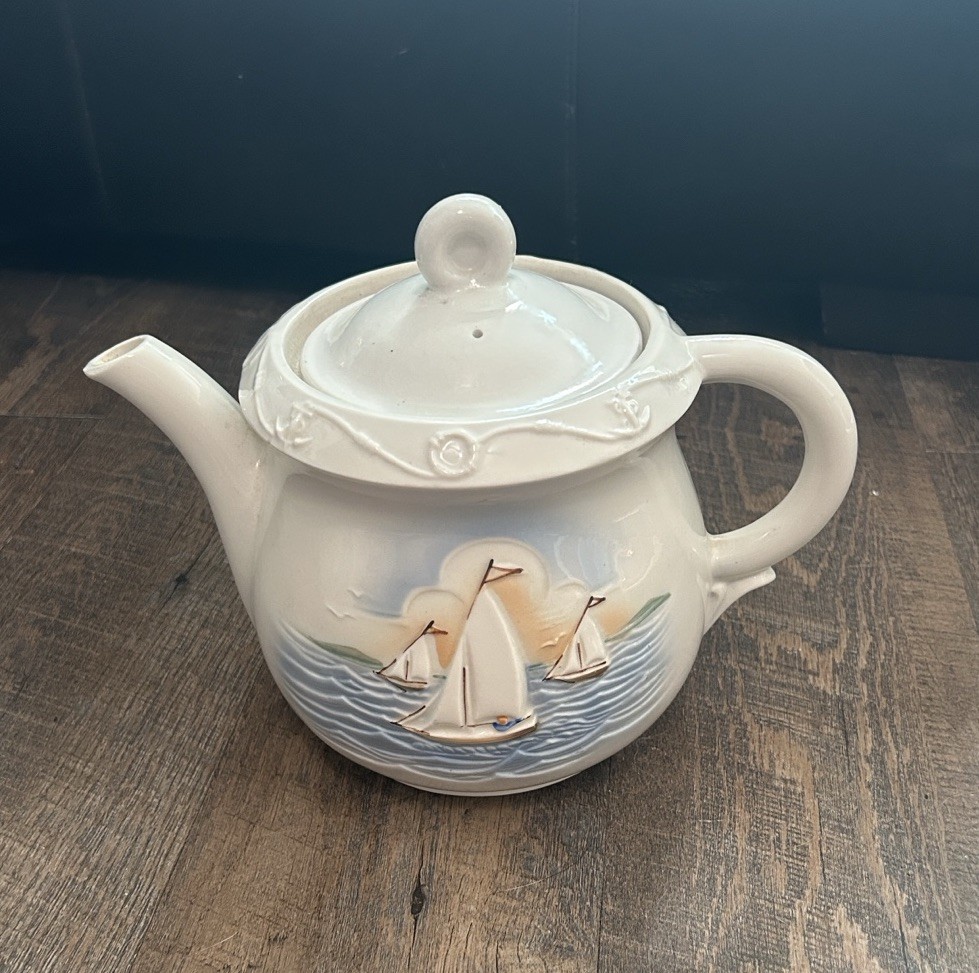 Vintage Porcelier Tea Pot with Lid Nautical Sailboat Embossed China Made in USA