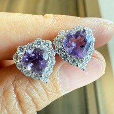 925 Sterling Silver Earrings 6mm Heart Natural Amethyst Gemstone Zircon Women