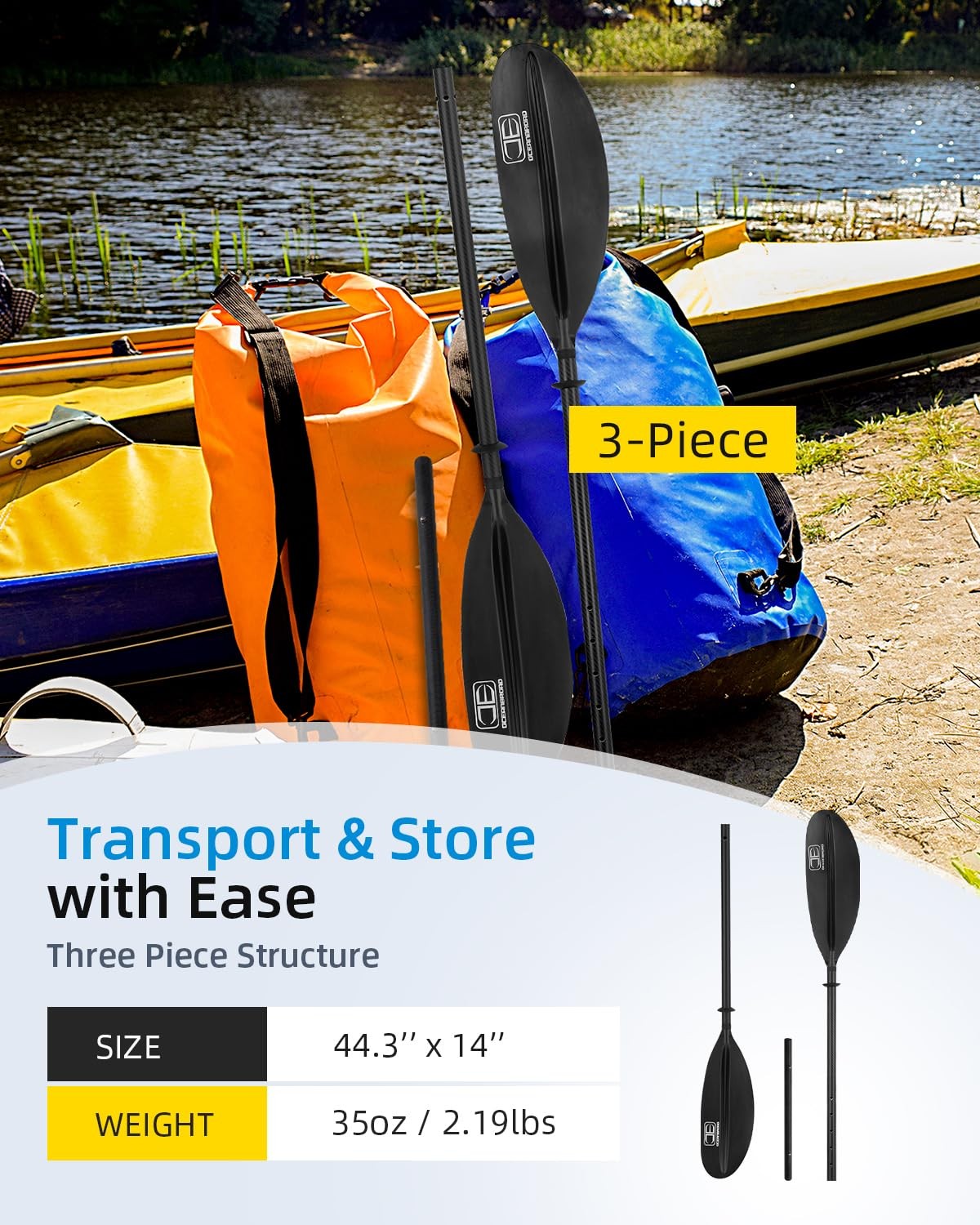 Adjustable Carbon Fiber Kayak Paddle 86in/220cm to 94in/240cm with Leash |