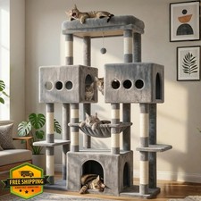 Hey-brother Cat Tree Tower Large Sisal Scratching Posts 3 Condos Hammock Gray