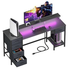55 Inch Computer Gaming Desk with Power Outlets LED Lights, Reversible Home O...