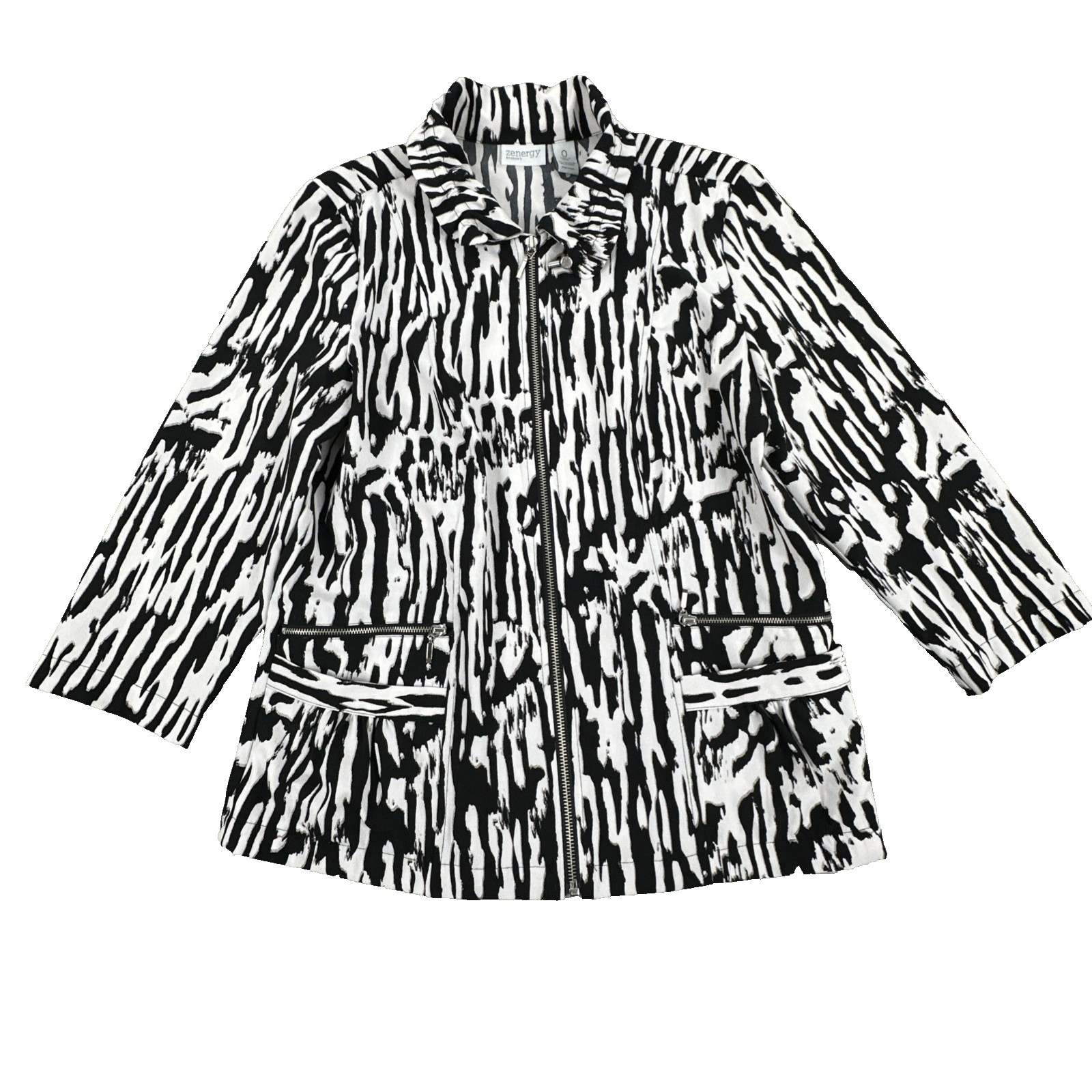 Zenergy By Chico's  Y2K Zebra Print Jacket  Black White Zip Front Size 0 US S
