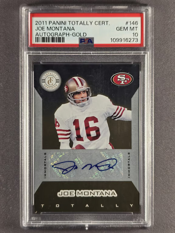 2011 Panini Totally Certified Immortals #146 Joe Montana 14/15 Gold Auto PSA 10 view 1