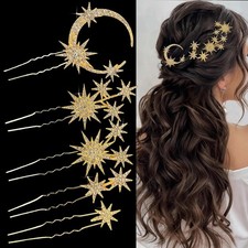 5 PCS Celestial Crystal Bridal Hair Pins Star Moon Rhinestone Accessory Gold