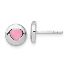 Sterling Silver Rhodium-plated Pink Enameled Heart Circle Stud Earrings L-8 mm