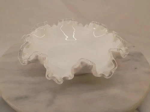 VTG Fenton Silver Crest White Milk Glass Ruffle Edge Bowl Candy Dish Grannycore