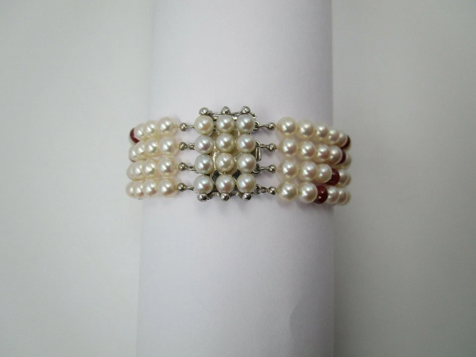 18cm 4 filas JKa Akoya perlas pulsera rubí 585 oro joyería 14K or oro perla - Imagen 4 de 4