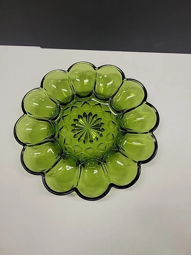 Vintage MCM 1972 Anchor Hocking Fairfield Avocado Green Deviled Egg Plate EUC
