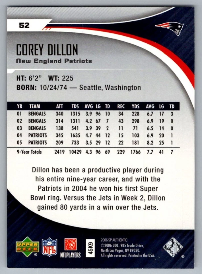 2006 SP Authentic Corey Dillon New England Patriots #52 - Image 2 of 2