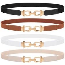 4 Pack Skinny Elastic Belts for Women Gold Buckle Thin Stretchy Waist Belts f...