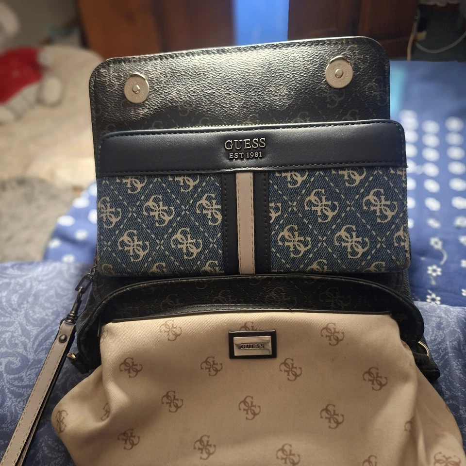 Guess Satchel Handbag With Long Strap And Guess Denim Large Around Zipper Wallet - image 3 of 4