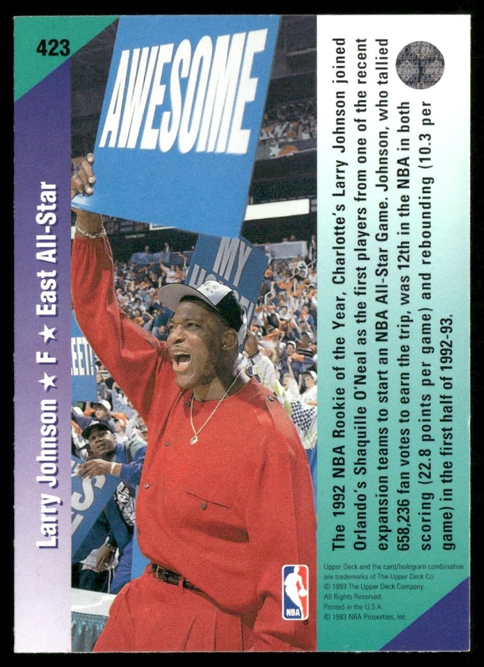 1992-93 UPPER DECK LARRY JOHNSON CHARLOTTE HORNETS #423 - Image 2 of 2