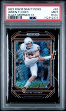 2023 Panini Prizm Draft Picks #62 Justin Tucker Black Shimmer Prizms 1/1 PSA 9